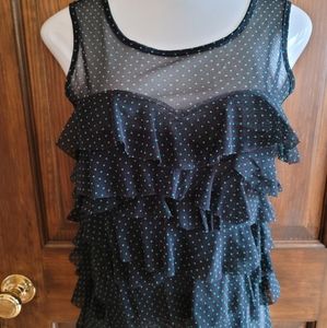 INC Black and Green Sleeveless Ruffle Top Sz M P2P 16" L 18"
